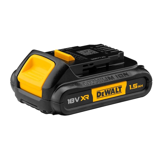 DEWALT 18V XR 1.5Ah lithium-ion battery for power tools, shown in black and yellow casing.
