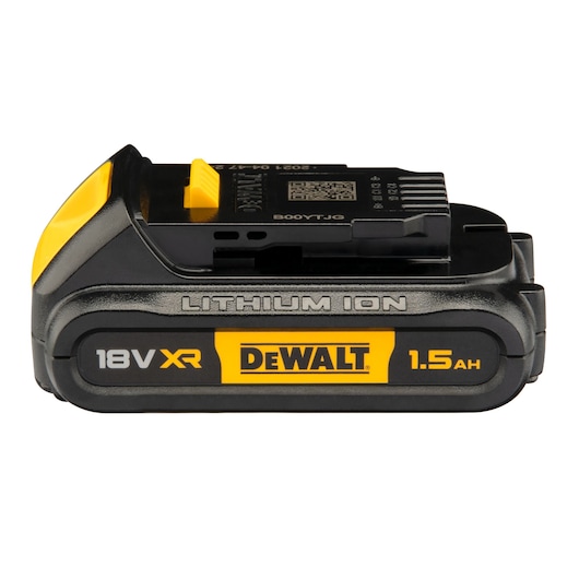 DEWALT 18V XR lithium ion battery, 1.5Ah capacity, compact black and yellow design.