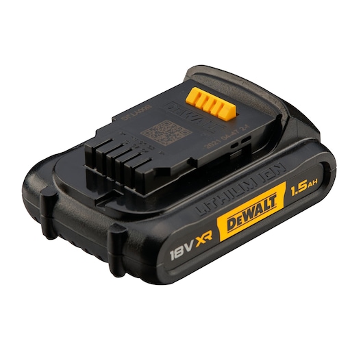 DEWALT DCB181 18V XR 1.5Ah lithium-ion battery for power tools, compact and black with yellow labels.