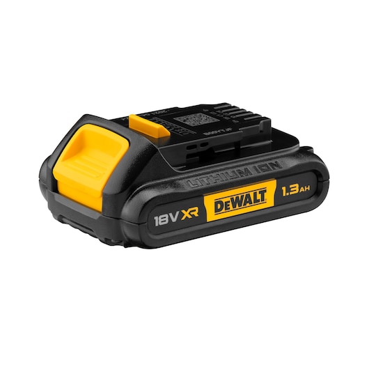 DEWALT 18V XR 1.3Ah lithium-ion battery, black and yellow, for power tools.