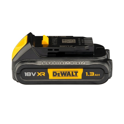 DEWALT 18V XR lithium-ion battery, 1.3Ah, black and yellow, side view, for power tools.