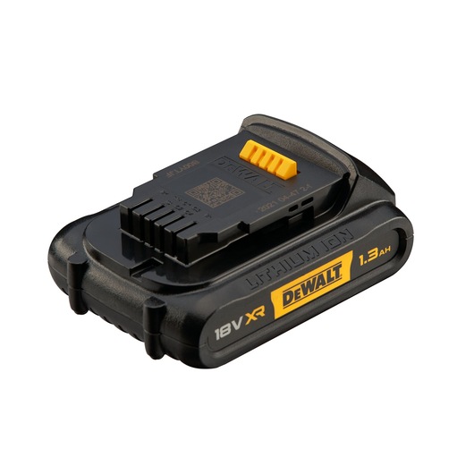 DEWALT 18V XR lithium-ion battery pack, 1.3Ah, black and yellow, shown on a white background.