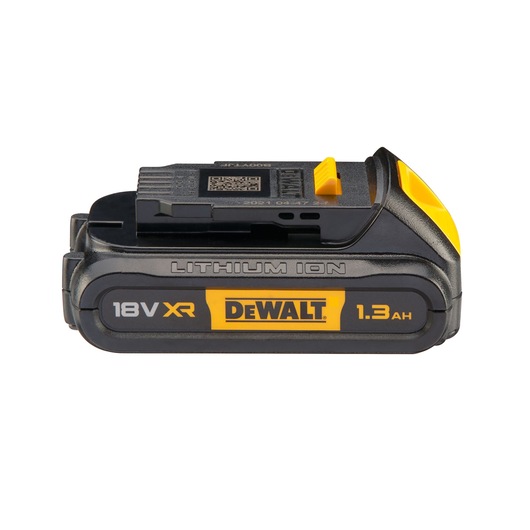 DEWALT 18V XR 1.3Ah lithium-ion battery for power tools, shown in black and yellow.