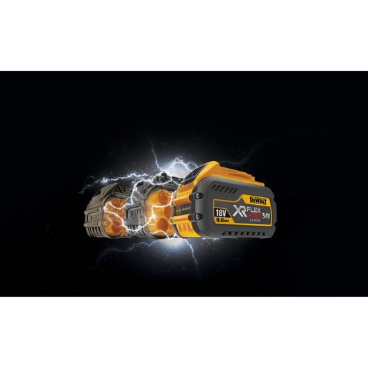 A DEWALT XR FLEXVOLT 18V/54V lithium-ion battery is shown with electric sparks, highlighting its power and energy. The battery has a black and yellow design and is positioned against a dark background.