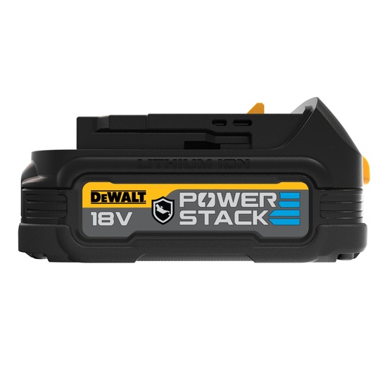 DEWALT 18V POWERSTACK lithium-ion battery pack viewed from the side against a white background.