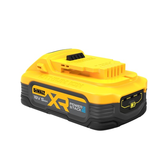 DEWALT XR POWERSTACK 18V 5Ah lithium-ion battery in yellow and black with connector visible.