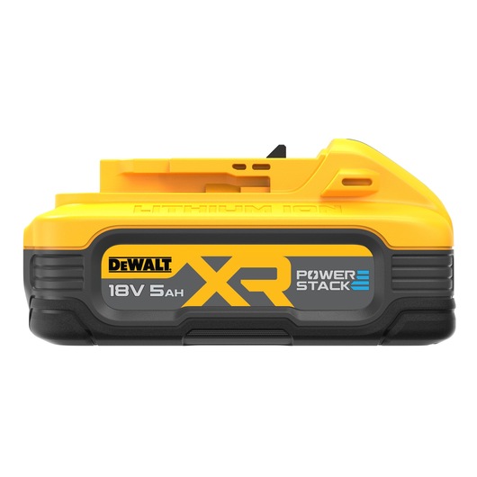 DEWALT XR PowerStack 18V 5Ah lithium ion battery, yellow and black, for power tools.