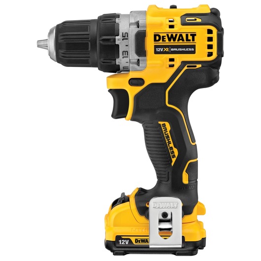 DeWalt 12V cordless drill with brushless motor, yellow and black design, side view.