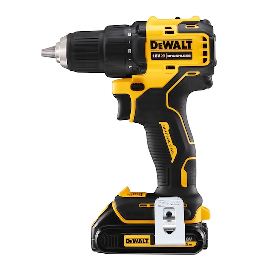 A DEWALT 18V XR cordless brushless drill with a black and yellow design and battery attached at the base.