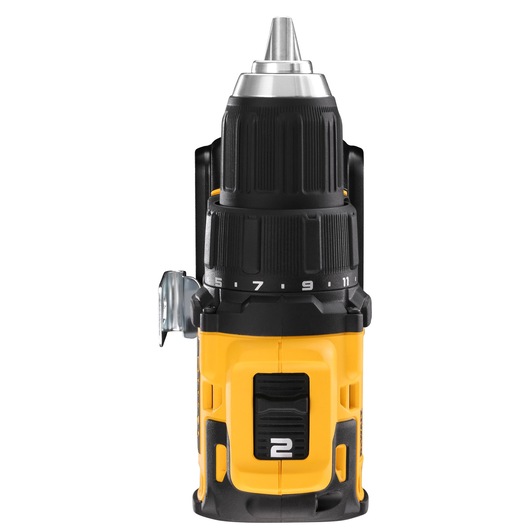 Front view of a yellow and black DEWALT cordless drill model DCD708S2T on white background.