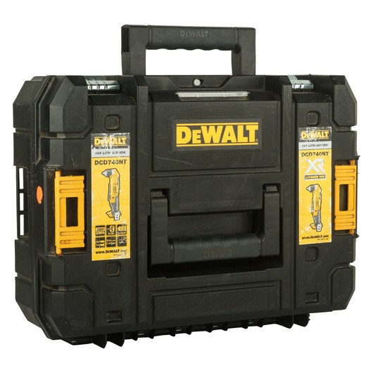 Black Dewalt toolbox with handle and yellow details, labeled DCD740NT, intended for tool storage and transport.