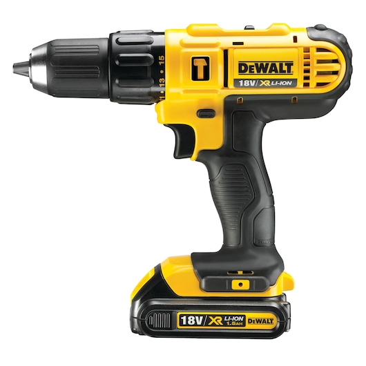 A yellow and black DEWALT 18V XR Li-Ion cordless drill with a pistol grip and a rechargeable battery attached at the base.