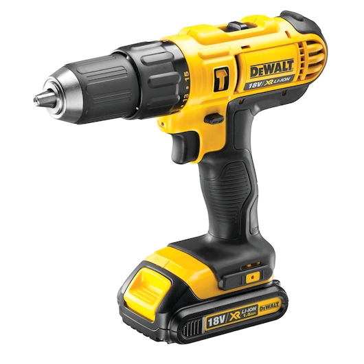 A DEWALT 18V cordless drill with a yellow and black design, featuring a Li-Ion battery and ergonomic handle.