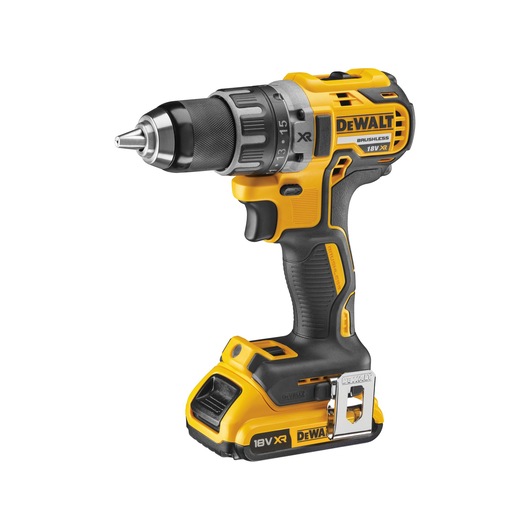 DEWALT 18V XR cordless drill with brushless motor, shown in yellow and black, standing upright on a white background.