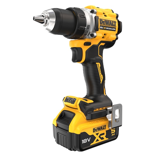 DEWALT 18V XR cordless drill with brushless motor and battery, shown in yellow and black.