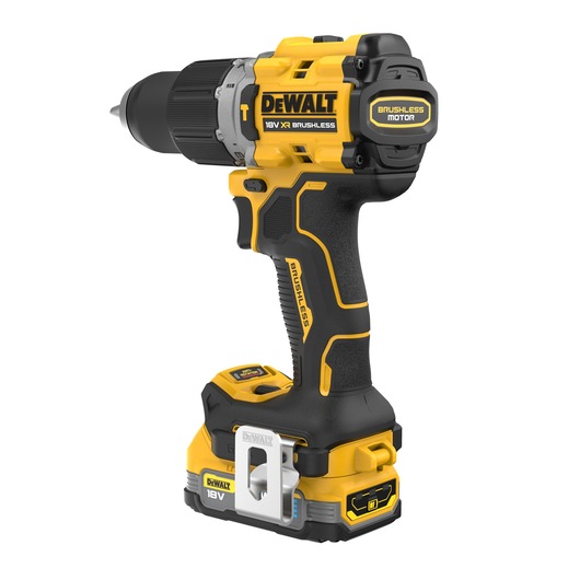 DEWALT 18V XR brushless cordless drill with battery, yellow and black, side view.
