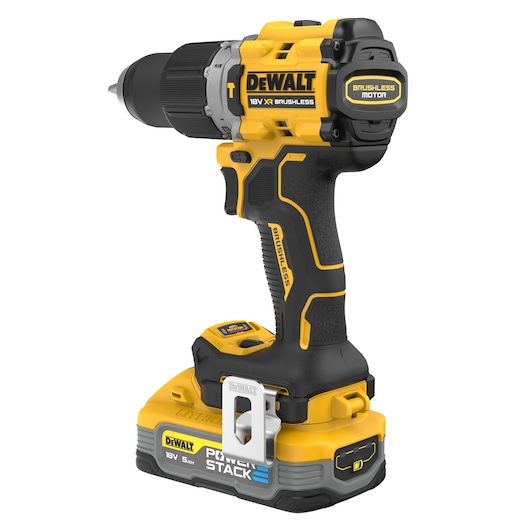 DEWALT 18V XR brushless cordless drill with PowerStack battery shown upright on a white background.