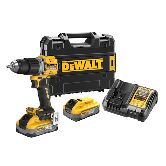 DEWALT cordless drill kit with batteries, charger, and carrying case on a white background.
