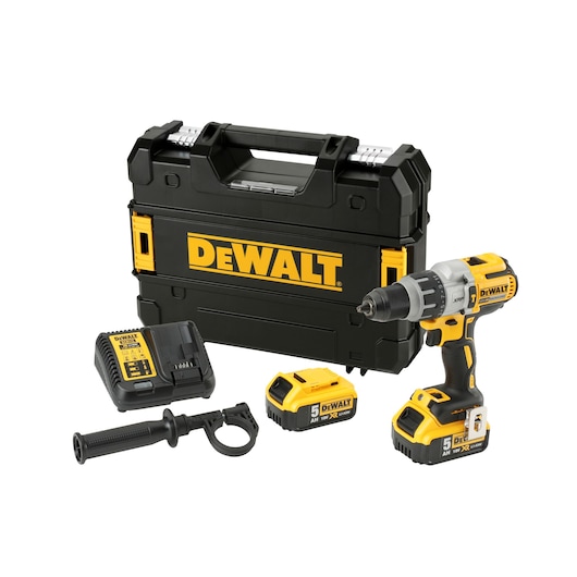 A DEWALT cordless power drill kit is shown, including a yellow and black drill, two battery packs, a charger, a side handle, and a sturdy black carrying case with the DEWALT logo.