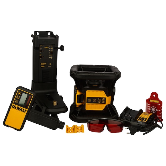 DEWALT laser level kit with digital detector, tripod, charger, glasses, and accessories on a white background.