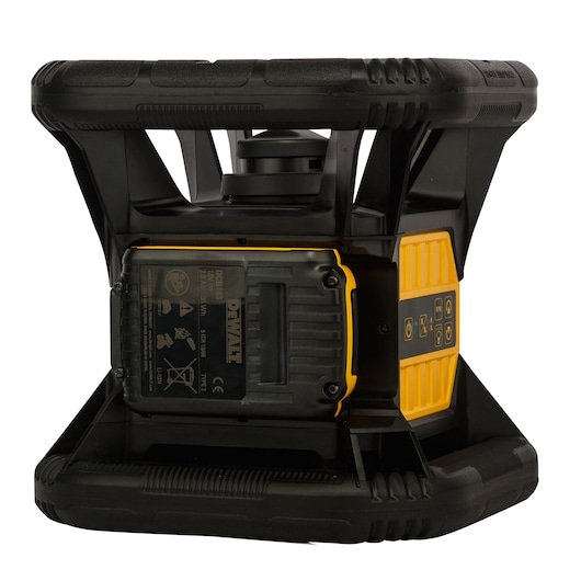 DEWALT DCE074D1R-QW rechargeable rotary laser level device with rugged black and yellow casing.