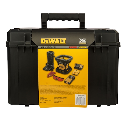 DEWALT black carrying case with product image and details for an 18V Lithium-Ion XR red laser tool kit.