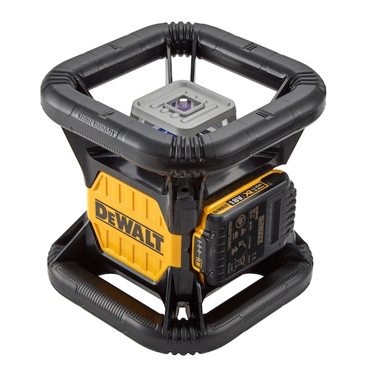 DEWALT DCE079D1R rotary laser level with impact-resistant frame and yellow body for construction use.