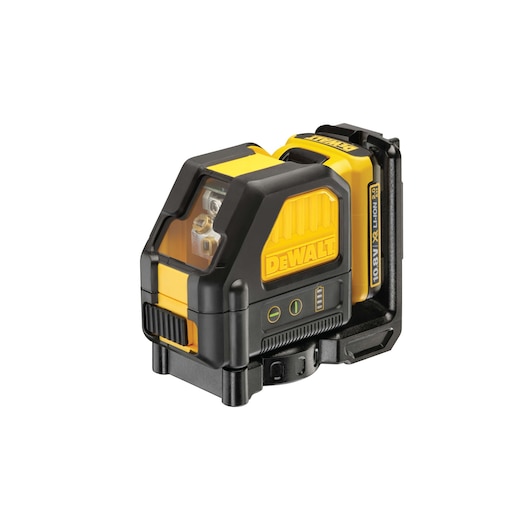 A DEWALT DCE088D1G-GB cross line laser level tool, shown in yellow and black with a visible rechargeable battery pack.