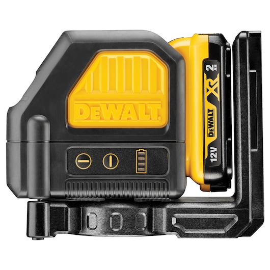 DEWALT 12V XR laser level device with visible battery and control panel, sturdy and compact design.
