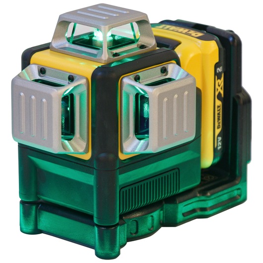 DEWALT green laser level tool with three laser windows and rechargeable battery, used for precise measurements.