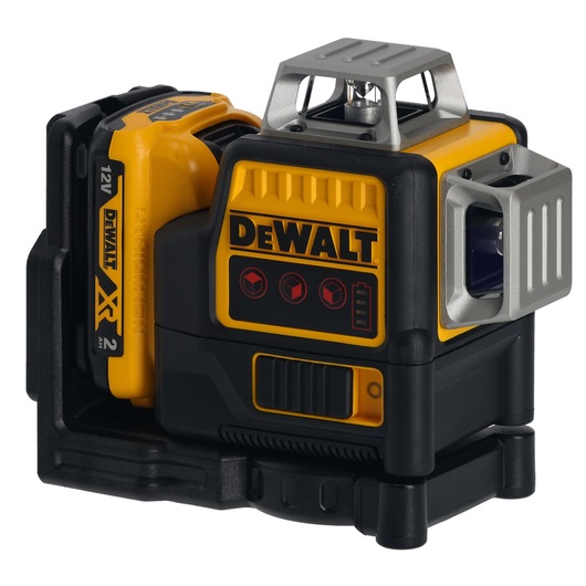 DeWalt DCE089D1R 12V yellow and black laser level tool with battery, controls, and protective casing.