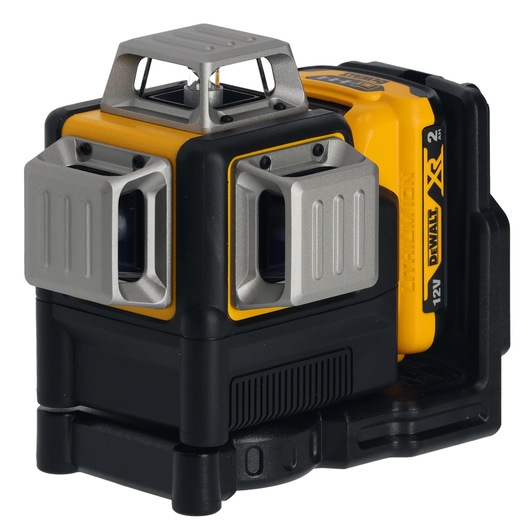 DEWALT laser level device with a 12V XR lithium-ion battery, yellow and black with metal covers.