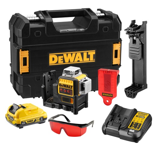 A DEWALT DCE089D1R photography laser level kit, including a black and yellow hard carrying case, a compact laser level device, a 12V XR battery pack, a battery charger, red-tinted safety glasses, a red target plate, and two different mounting brackets.