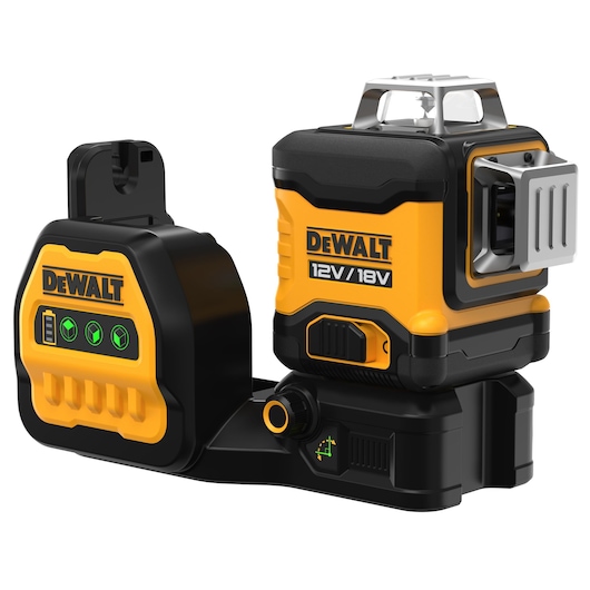 DEWALT 12V/18V yellow and black laser level device with control buttons and compact base.