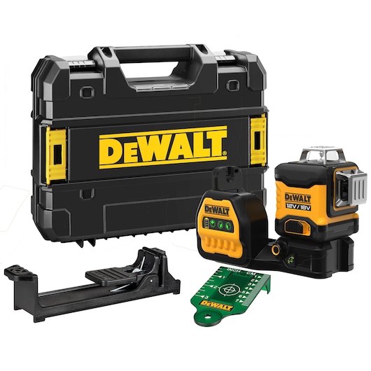 DEWALT DCE089NG18 laser level kit, including a black and yellow hard case, a laser level device, a mounting bracket, and a green measurement target card, all displayed on a white background.