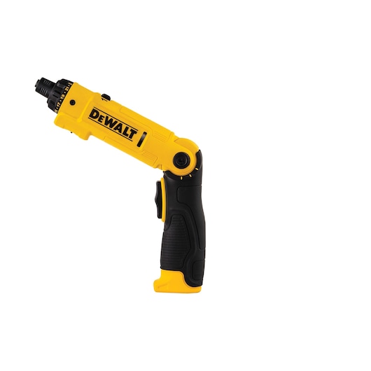 A DEWALT cordless screwdriver with a yellow and black handle, shown in a partially bent position against a white background.