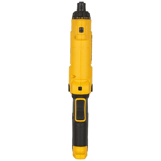 DEWALT yellow electric screwdriver, DCF008 model, shown front view with black ergonomic grip.