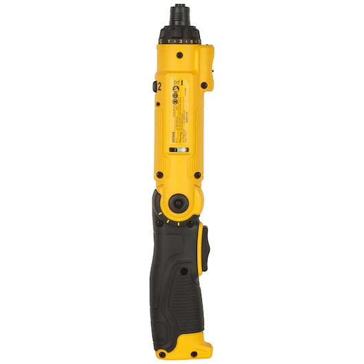 Yellow and black DEWALT DCF008 electric screwdriver shown upright on a white background.