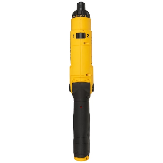 Yellow and black DEWALT cordless screwdriver with adjustable torque, vertical view.