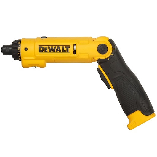 DEWALT DCF008 yellow and black cordless screwdriver with adjustable handle, side view.