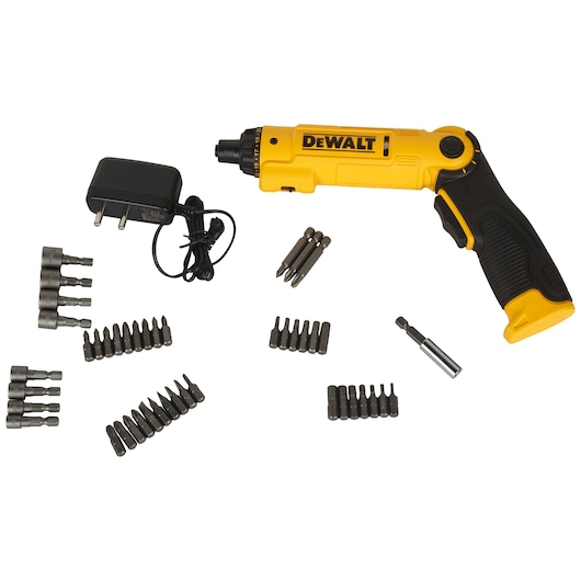 DEWALT electric screwdriver with charger and multiple drill bits arranged around it on white background.