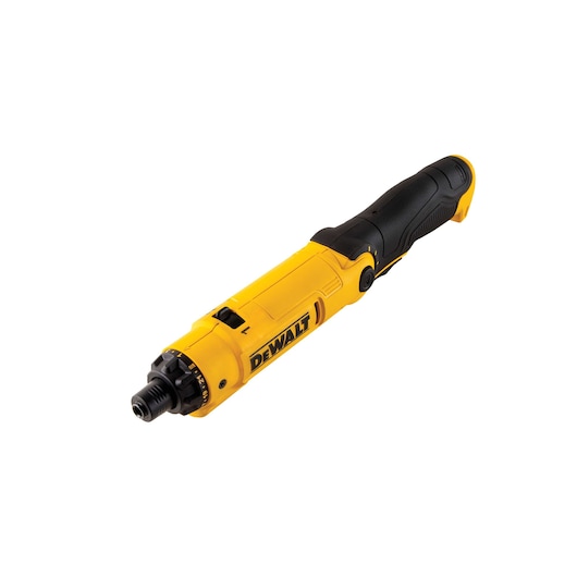 A DEWALT yellow and black cordless electric screwdriver, featuring an ergonomic handle and adjustable settings, shown on a plain white background.
