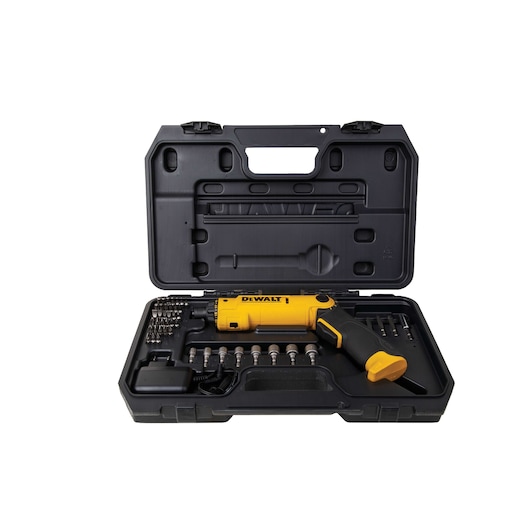 A DEWALT cordless electric screwdriver kit in a black carrying case, including the yellow and black screwdriver, multiple accessory bits, a charger, and organized storage compartments.