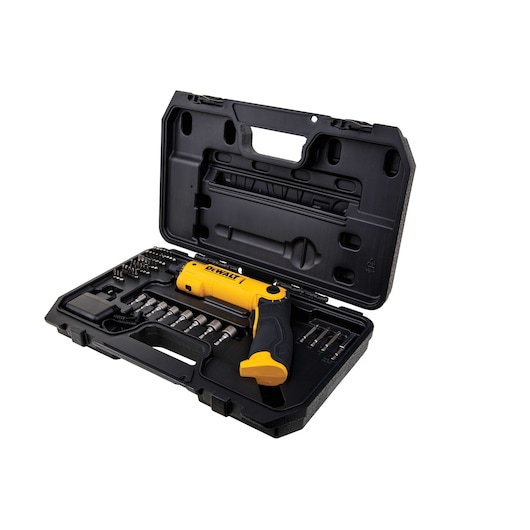 A DEWALT electric screwdriver kit with multiple bits and accessories displayed in an open black hard carrying case.
