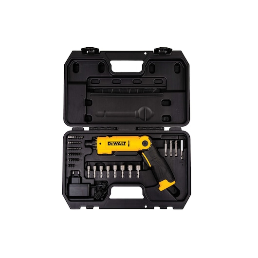 A DEWALT cordless screwdriver set in a black carrying case, featuring a yellow and black screwdriver, various screwdriver bits, sockets, and a charger, all neatly organized inside the case.