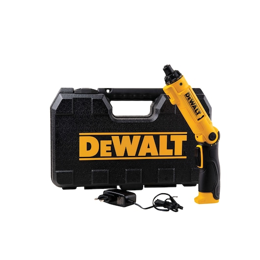 A DEWALT cordless screwdriver set consisting of a yellow and black electric screwdriver, a black hard carrying case with DEWALT logo, and a charger with a cable, shown on a white background.