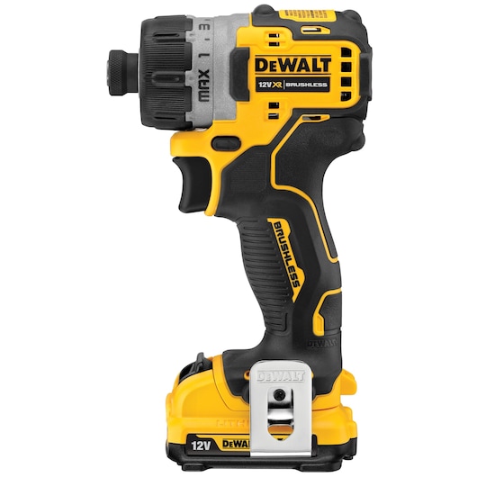 DEWALT 12V XR cordless brushless drill with black and yellow body, shown from the side.