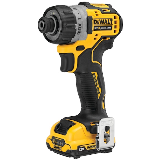DEWALT DCF601D2 12V cordless brushless screwdriver, yellow and black, shown in a standing position.