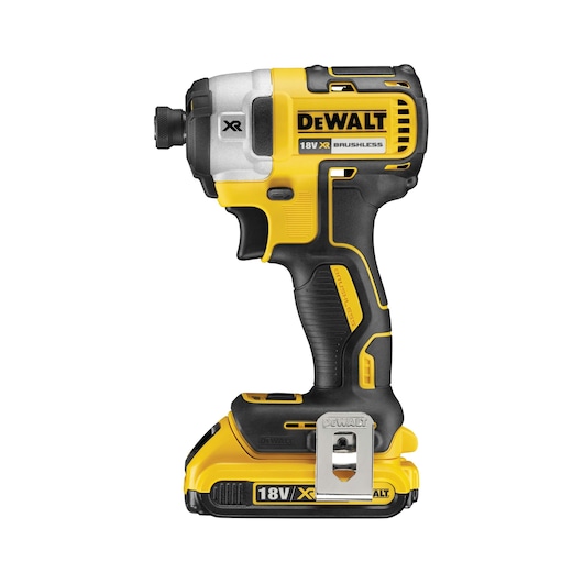 DEWALT 18V XR brushless cordless impact driver with ergonomic grip and metal belt clip.