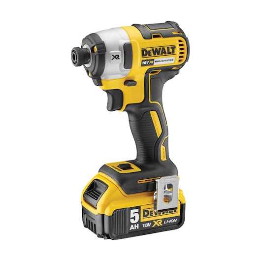 DEWALT 18V XR cordless impact driver with 5Ah lithium-ion battery, yellow and black design.
